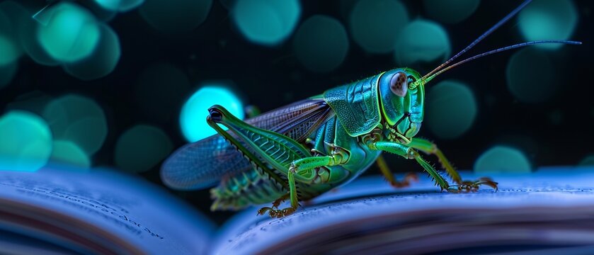 Grasshopper near a holographic recipe book, high detail, vibrant colors, watercolor and futuristic finish