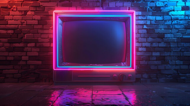 Neon TV hanging on brick wall