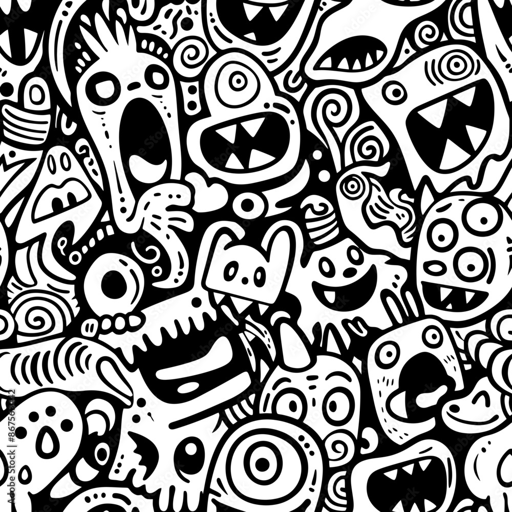 Wall mural handdrawn monster doodle pattern seamless