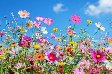 Vibrant Wildflower Field with Pink, Yellow, and White Flowers on a Clear Day