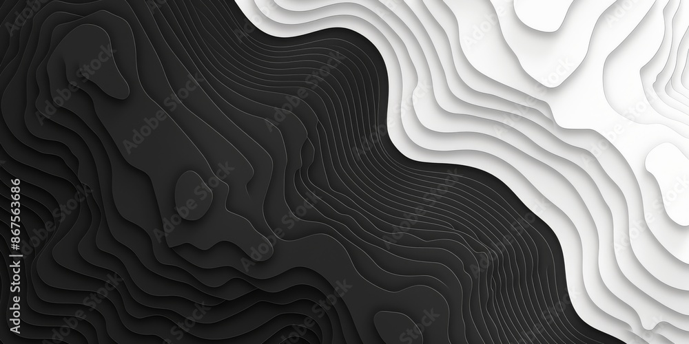 Poster Monochrome abstract 3D layered paper art creating a wavy and textured visual effect in black and white.