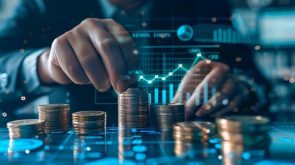 Fototapeta premium Futureproof Finance Businessperson Engaging with Holographic Chart for Financial Growth Coin Stacks and Digital Data in Blue and Grey Tones