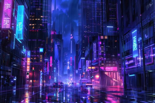 Neon-Lit Cityscape at Night with Rain, Reflections, and Glowing Signs