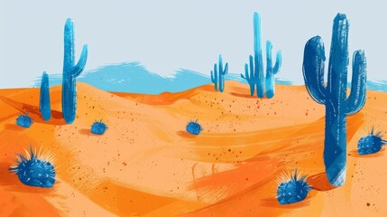 Desert landscape with blue cacti and orange sand