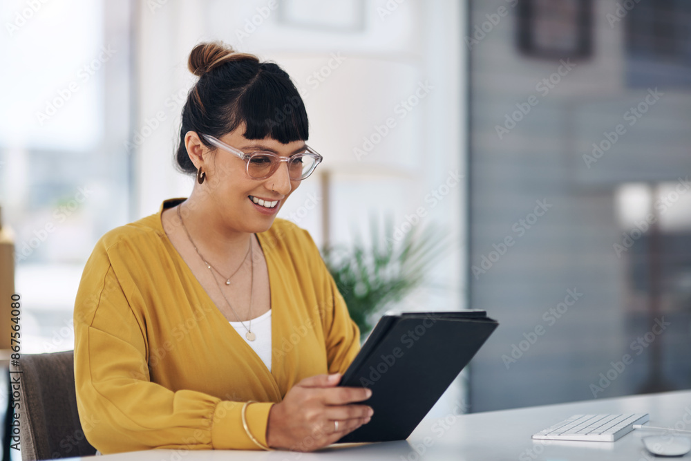 Aufkleber office, happy and woman with tablet at desk for internet, research and digital review on email. smil