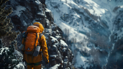 a man climbing mountain and wear a camping bag