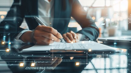 Success in Motion Business Professional Checking Off Tasks on Digital Checklist Productivity and Achievement Concept in Minimalist Office Setting