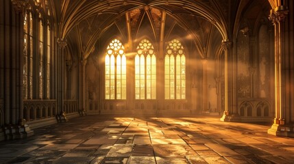 Obraz premium Gothic Cathedral Interior: Sunlit Stained Glass Windows and Ornate Architecture
