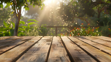 empty wooden table on nature outdoors in sunlight in gardenr