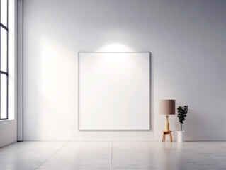Interior scene with a large blank frame, natural light, white walls, and minimal decor, concept of a mockup. Generative AI