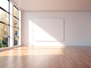 Blank horizontal canvas in a bright room with wooden floor, window view, concept of art gallery. Generative AI