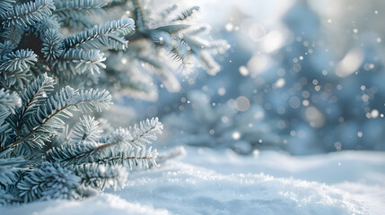 wonderful winter background image of frosted spruce branches and small drifts of pure snow and space for text