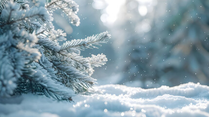 wonderful winter background image of frosted spruce branches and small drifts of pure snow and space for text