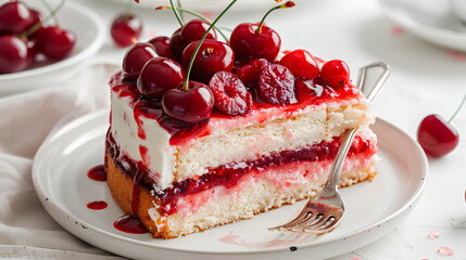 Delicious cherry cake on white plate
