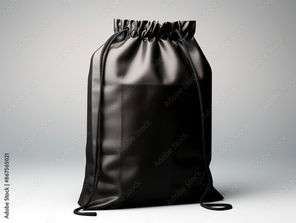 Poster a black drawstring pouch on a gray background, ideal for branding mockups. generative ai