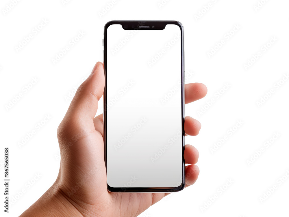 Poster a hand holding a smartphone with a blank screen, isolated on a white background, concept of technolo