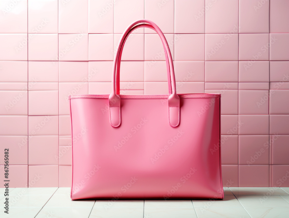Poster a pink tote bag against a matching pink tile background, ideal for branding concepts. generative ai