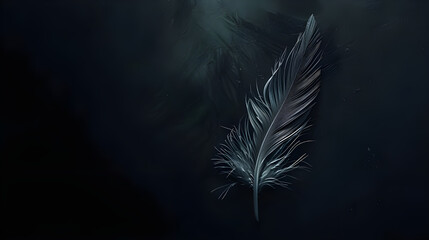 Feather of a bird on a dark background, Silhouette of a white feather abstract artistic