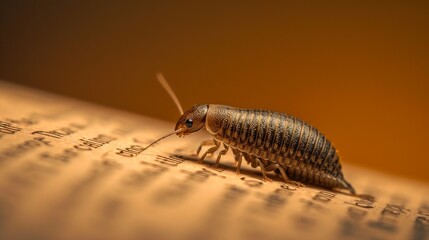 Silverfish on an old book, macro shot, realistic texture, brown and beige, watercolor finish