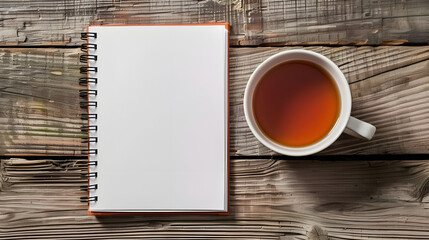 blank spiral notebook on a wooden table, office supplies, electronics, a cup of tea