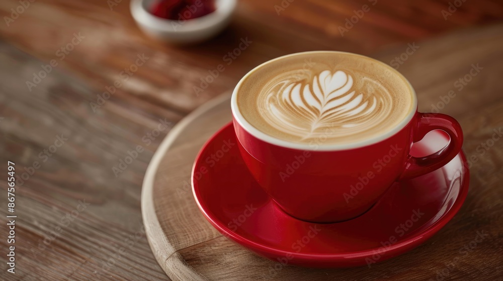 Poster fresh coffee with latte art in red cup on wooden table empty space for text