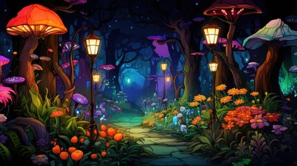 Obraz premium Magical Glowing Mushroom Forest Path at Night, Fantasy Illustration