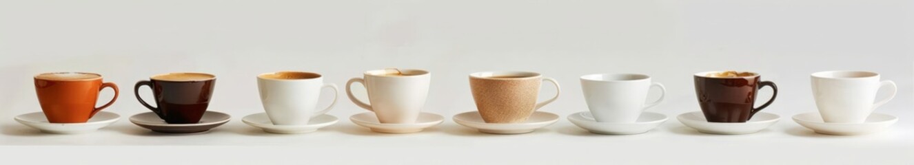 Fototapeta premium Elegant Coffee Cups in a Row: White, Brown, and Orange Ceramic Mugs on White Saucers