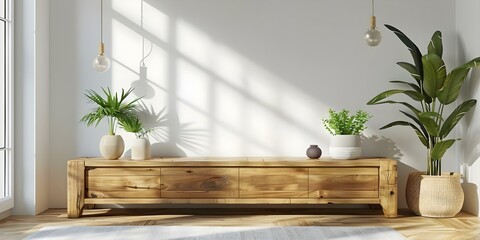 Modern TV Cabinet in Empty Room with White Wall 3D Render. Concept Furniture Design, Interior Decoration, Room Layout, Modern Design, 3D Rendering