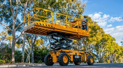 Construction worker using telescopic boom lift for high altitude work