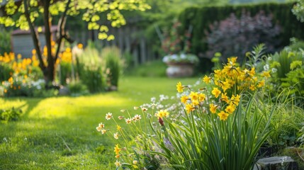 Garden with lovely yellow flowers in spring setting