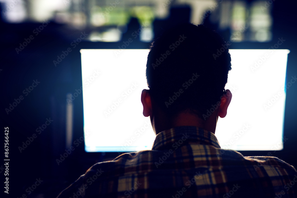Poster Back, man and computer screen in office at night as developer for software development, coding and working late. Programmer, mockup pc and process script, firewall update and IT for data protection