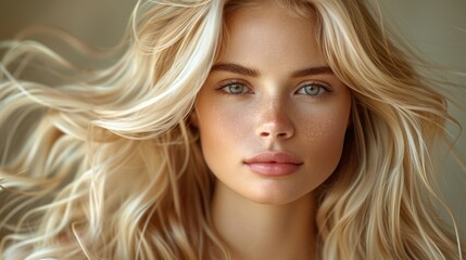 Naklejka premium A Blonde Womans Serene Gaze in a Softly Lit Studio. Generative AI