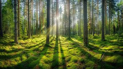 Obraz premium Sunlight filtering through trees, illuminating the grassy ground