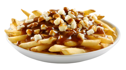  A delicious serving of classic poutine, golden fries smothered in rich gravy and topped with cheese curds, isolated on a transparent background 