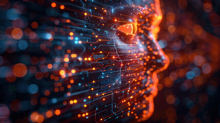 Abstract Digital Face with Circuitry and Bokeh Lights