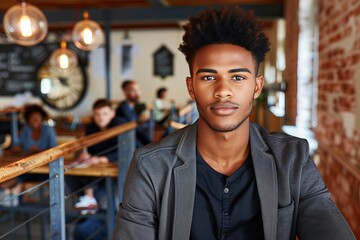 Fototapeta premium Portrait of Young Professional Man with Afro Hairstyle in Modern Café Setting 