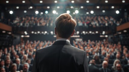 Fototapeta premium Captivating Business Speaker Engaging Large Audience in Inspiring Hall Setting