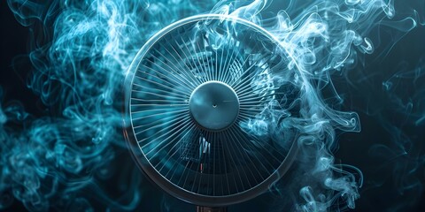 Obraz premium Closeup of smoking fan indicating overheating electronics. Concept Electronic Maintenance, Overheating Devices, Smoke Alarm, Troubleshooting, Preventing Accidents