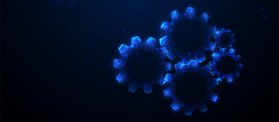 Gear, cog wheel icon. Mechanical engineering gears. Teamwork concept. Blue gears technology. Low polygonal, Glowing wireframe, linear and mesh illustration
