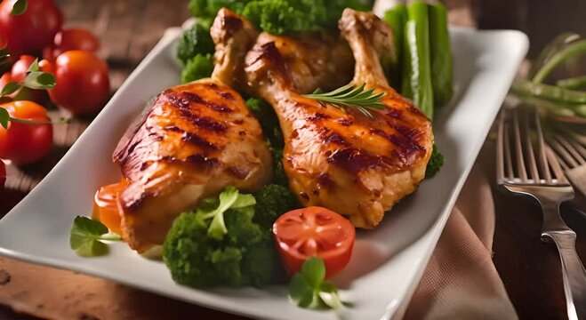 Serving grilled chicken thighs and vegetables on a wooden table.