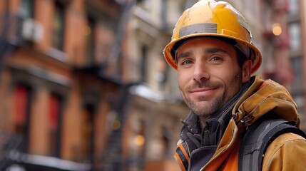 Fototapeta premium A construction worker in safety gear stands before an urban backdrop, representing development and labor