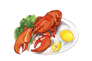 lobster with lemon and parsley summer hand drawn on transparent background