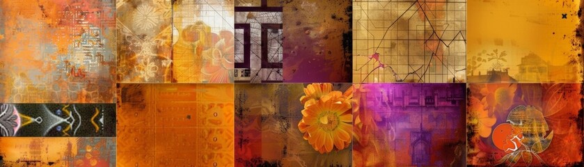 Vintage Abstract Art with Geometric Patterns and Floral Accents