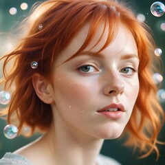 Fototapeta premium Magical light reflects strokes portrait of a red haired person, motion blur lights, side view, bubbles around her