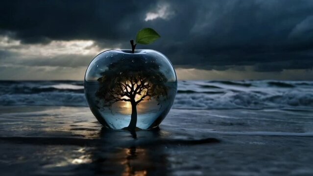 beautiful double exposure video combining stormy seas and glass apples. seamless looping 4k animation video background