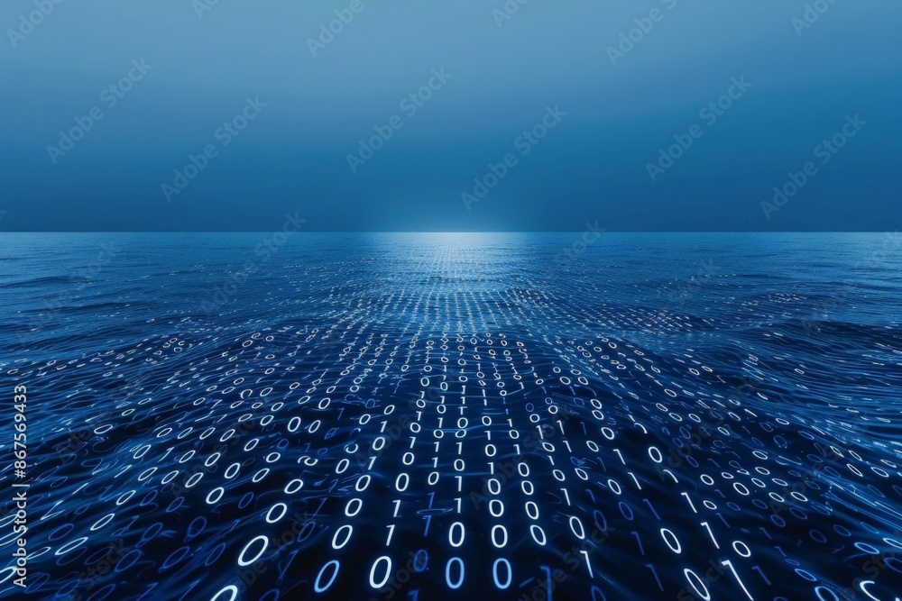 Poster digital ocean: binary data overlay on calm sea