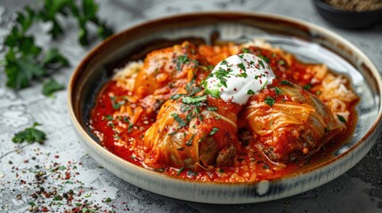 Fototapeta premium Rice and meat filled cabbage rolls cooked in tomato sauce with sour cream on a concrete backdrop A classic meal captured in close up