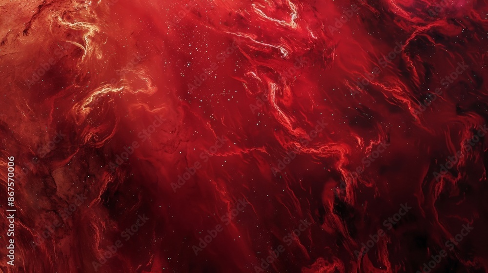 Poster vivid red abstract art with swirling patterns and starburst effects