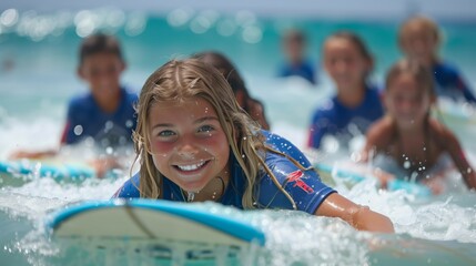Obraz premium Girl Practicing Surfing - A young surfer trains in the ocean waves
