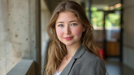 Fototapeta premium Portrait of Young Professional Woman with Blue Eyes and Long Hair in Modern Office Setting 